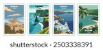 Set of 4 Vintage travel poster. Vector illustration. Greece, Greece, Athens, Iceland, Jamaica