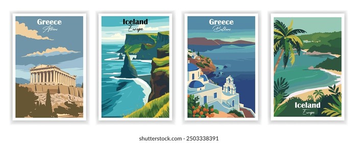 Conjunto de 4 póster de viaje de Antiguas. Ilustración vectorial. Grecia, Grecia, Atenas, Islandia, Jamaica