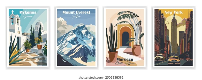 Conjunto de 4 póster de viaje de Antiguas. Ilustración vectorial. Marruecos, Monte Everest, Míkonos, Nueva York