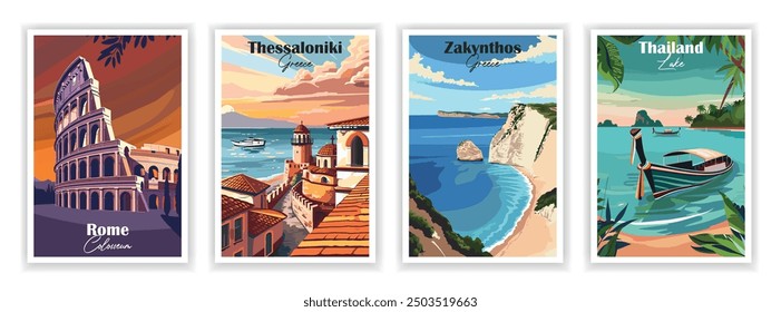 Set of 4 Vintage travel poster. Vector illustration. Thailand, Rome, Colosseum, Thessaloniki, Zakynthos