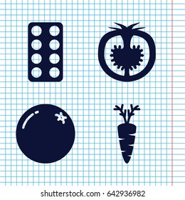 Set of 4 vitamin filled icons such as orange, pill, carrot