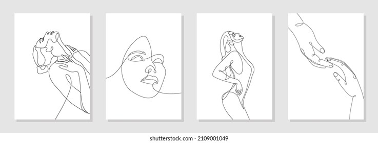 Set of 4 wall art posters. Single line drawn young woman figure, body, beauty face, barely touching hands, minimalistic. Dynamic continuous one line graphic vector design isolated on white. 