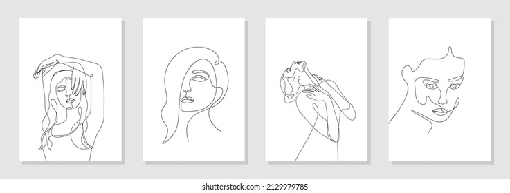 Set of 4 wall art posters. Single line drawn young woman figure, body, beauty face, minimalistic. Dynamic continuous one line graphic vector design isolated on white. 