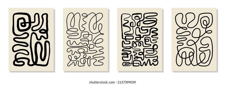 Set of 4 wall art posters, brochure, flyer templates. Single organic line abstract shape drawn, hand drawn design, simple wallpaper. Dynamic continuous one line graphic vector vintage design. 