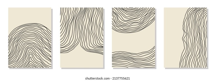 Set of 4 wall art posters, brochure, flyer templates. Single organic line abstract shape drawn, hand drawn design, simple wallpaper. Dynamic contemporary line graphic vector vintage design. 