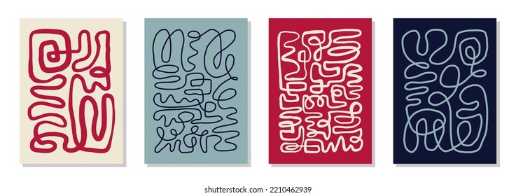 Set Of 4 Wall Art Posters, Brochure, Flyer Templates. Single Organic Line Abstract Shape Drawn, Hand Drawn  Design, Simple Wallpaper. Dynamic Continuous One Line Graphic Vector Hygge Design. 