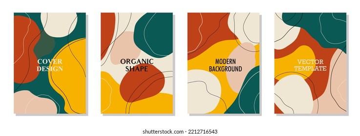 Conjunto de 4 carteles de arte mural, folleto, plantillas de volante. Formas abstractas de línea orgánica, diseño dibujado a mano, papel de pared simple. Diseño vintage de vectores de línea dinámica contemporánea, líquido o fluido. 