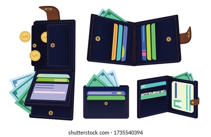 Set of 4 Wallet illustrations with cash, coins and cards. Trendy flat design. Vector illustration