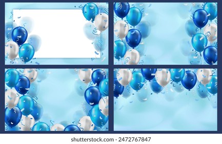 Set of 4 wallpaper with 3d realistic blue and white glossy balloons and confetti decoration with blank space for greeting text. Banners for birthday, celebration party, sale, opening event, invitation