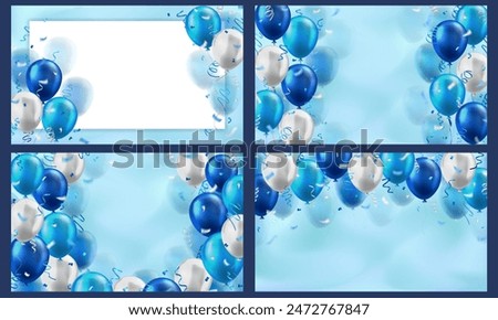 Set of 4 wallpaper with 3d realistic blue and white glossy balloons and confetti decoration with blank space for greeting text. Banners for birthday, celebration party, sale, opening event, invitation