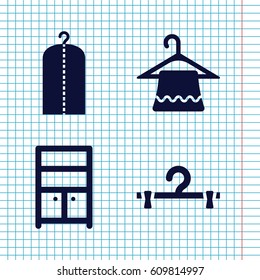 Set of 4 wardrobe filled icons such as hanger, clothes on hanger