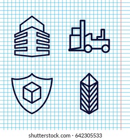 Set of 4 warehouse outline icons such as forklift, cargo, cargo insurance