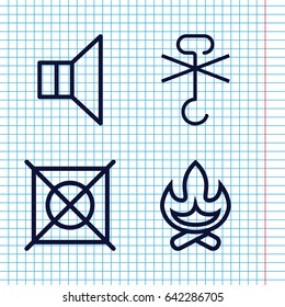 Set of 4 warning outline icons such as no dry cleaning, no cargo warning, megaphone