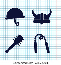 Set of 4 warrior filled icons such as helmet, mace, chain weapon