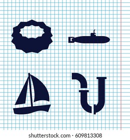 Set of 4 water filled icons such as sponge, pipe, submarine