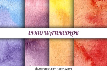 Set of 4 watercolor abstract gradient backgrounds. Vector backgrounds in summer or autumn colors: blue, violet, red, pink and yellow. Handmade backgrounds for cards, banners, invitations, and menus. 