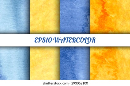 Set of 4 watercolor abstract gradient backgrounds. Vector backgrounds in blue, orange and yellow colors. Handmade backgrounds for cards, banners, invitations, and menus. 