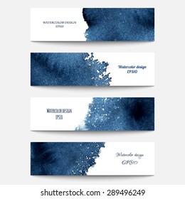 Set of 4 watercolor banners in blue dark colors. Vector illustration EPS10.