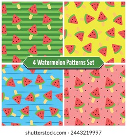 Set of 4 Watermelon Popsicles Patterns in Colored Backgrounds. Seamless Link.
