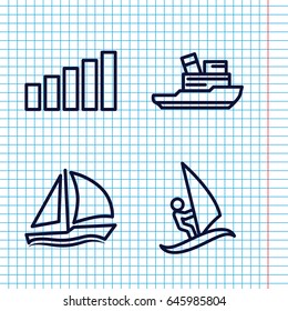 Set of 4 wave outline icons such as signal, sailboat, surfing
