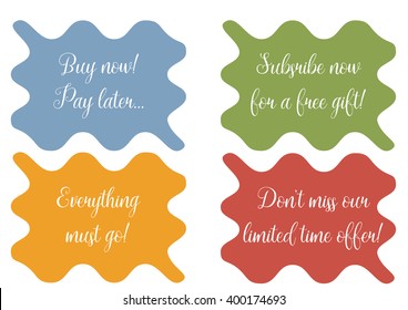 Set of 4 wavy banner, stickers, minibackground with sale texts - Buy now! Pay later... Subsribe now for a free gift, Everything must go, Don't miss our limited time offer