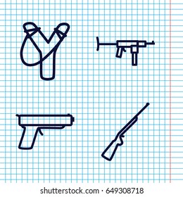 Set of 4 weapon outline icons such as gun, hundting gun, submachine gun