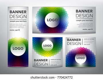 Set of 4 web banners in colorful, circular floral design. Isolated on the white background. Each item contains space for own logo and text. Vector illustration. Eps10.