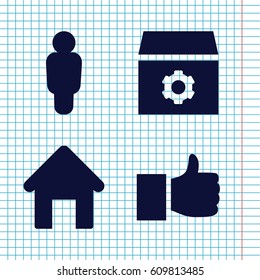 Set of 4 web filled icons such as house building, gear, like