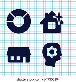 Set of 4 web filled icons such as clean house, house building, pie chart