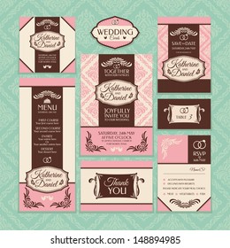 Set 4 of wedding cards. Wedding invitations, Thank you card, Save the date card, Table card, RSVP card and Menu.