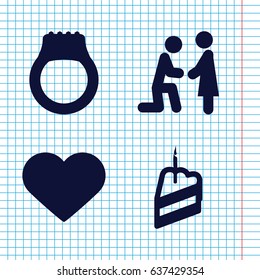 Set of 4 wedding filled icons such as heart, piece of cake, ring