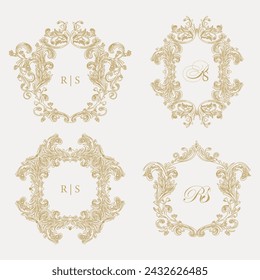 Set of 4 Wedding monogram crest designs with RS initial surrounded by intricate motifs