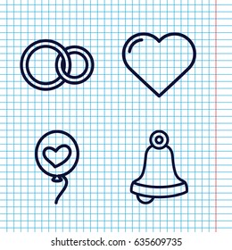 Set of 4 wedding outline icons such as heart, heart baloons, rings