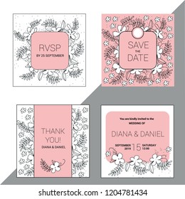 Set of 4 wedding pink invitation cards. Square layout templates.