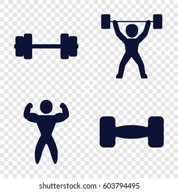 Set of 4 weightlifting filled icons such as bodybuilder, barbell