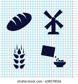 Set of 4 wheat filled icons such as wheat, bread, mill
