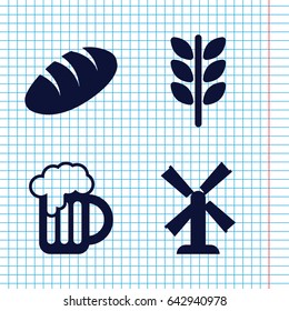 Set of 4 wheat filled icons such as bread, mill, beer mug