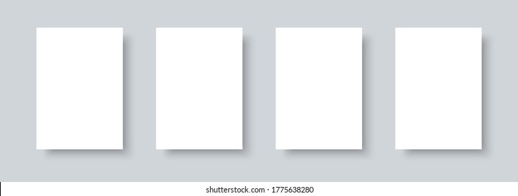 Set of 4 white A4 size paper sheets mock up realistic vector isolated on gray background