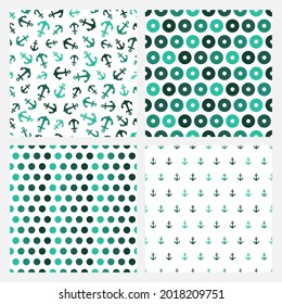 Set of 4 white seamless pattern with blue anchors and circles