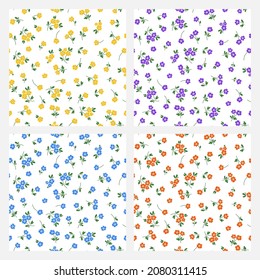 Set of 4 white seamless pattern with colorful tiny flowers.