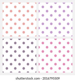 Set of 4 white seamless patterns with colorful ship wheels.