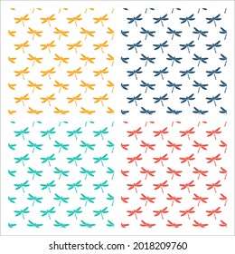 Set of 4 white seamless patterns colorful dragonflies