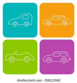 Set of 4 white square cartoon cars. Vector web and mobile transport icons in flat design. Template for style design.