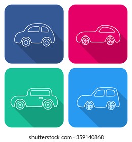 Set of 4 white square cartoon cars with shadows. Vector web and mobile retro transport icons in flat design. Template for style design. EPS 10