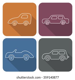 Set of 4 white square cartoon cars with shadows. Vector web and mobile retro transport icons in flat design. Template for style design. EPS 10