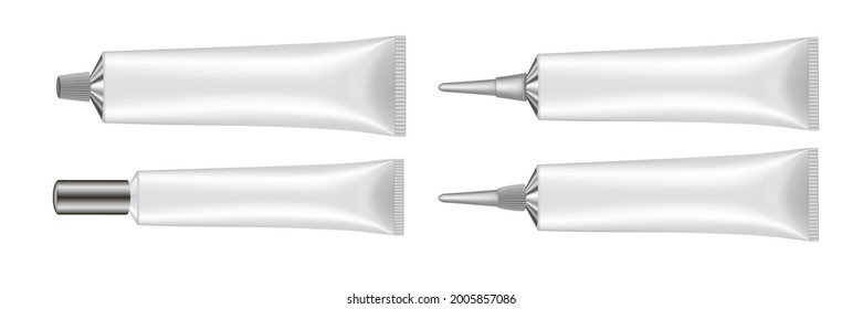 Set of 4 white tubes with long nozzle and silver caps. Cosmetic packaging. Serum or ointment. Gel or cream. Vector illustration isolated on a white background. 3d