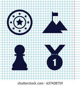 Set of 4 win filled icons such as casino chip, chess pawn, flag on mountain