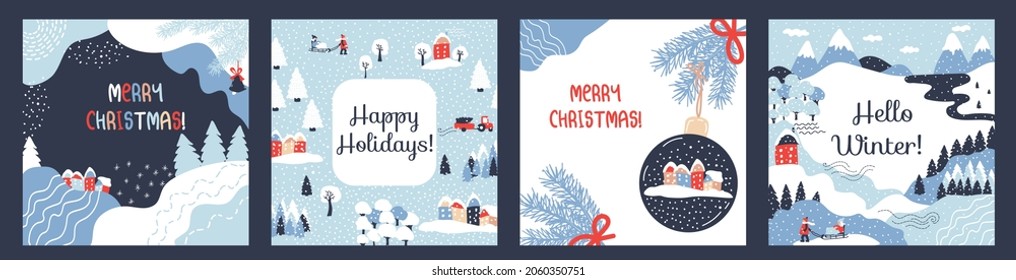 Set of 4 winter cards. Merry Christmas! Vector border, frame. Spruce branches, snow, lines, snowdrifts, cozy houses, winter landscape, forest. Perfect for a postcard or poster