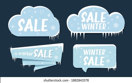 set of 4 Winter sale designs Christmas discounts stickers and tags for text and discounts, snowflakes, snow, ice, icicles, blue, white, flat, cartoon