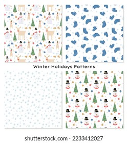 Set of 4 winter seamless patterns with Christmas trees, reindeers, rabbits, snowmans, mittens and snowflakes. Holiday decor for wrapping paper, scrapbooking, textile, fabric prints.